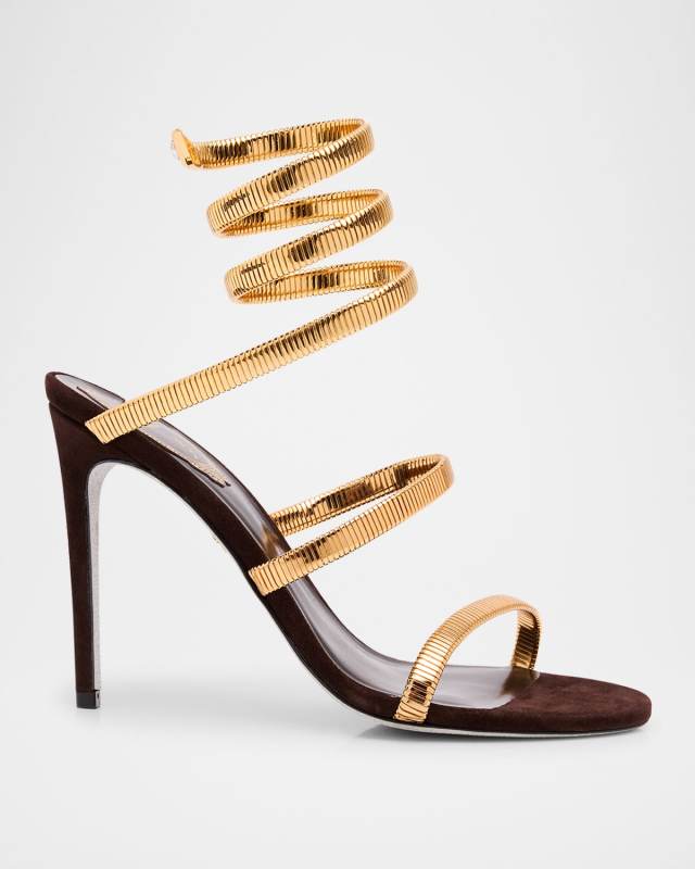 Meta Snake Spiral-Wrap Suede Sandals